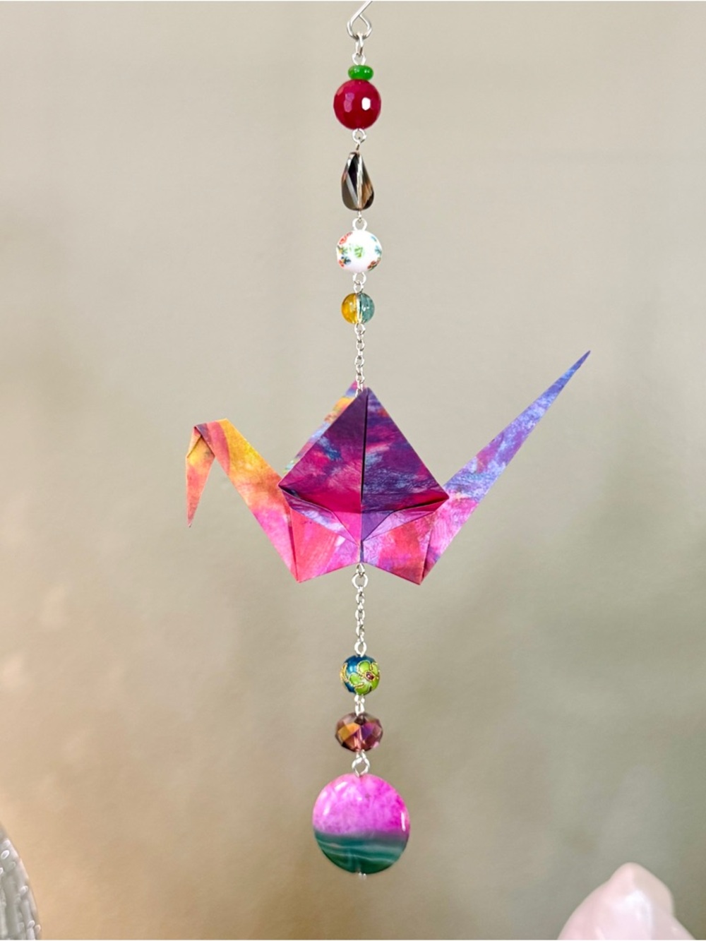 Origami Ornament #2493 - Large Crane with Glass Ceramic and Stone Beads